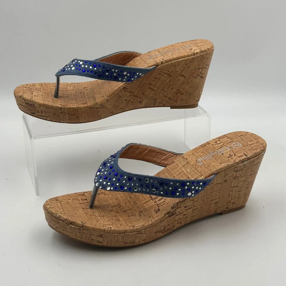 Ashley Blue‎ Wedge Sandals Womens 7 Blue Denim Rhinestone Cork Platform Y2K Boho